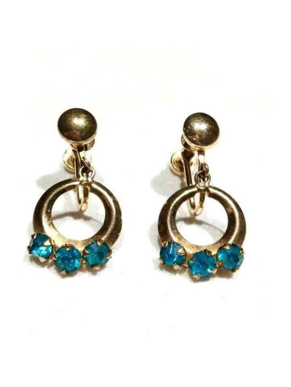 ANTIQUE 12K GOLD PLATED BLUE CRYSTAL DESIGNER CLIP EARRINGS